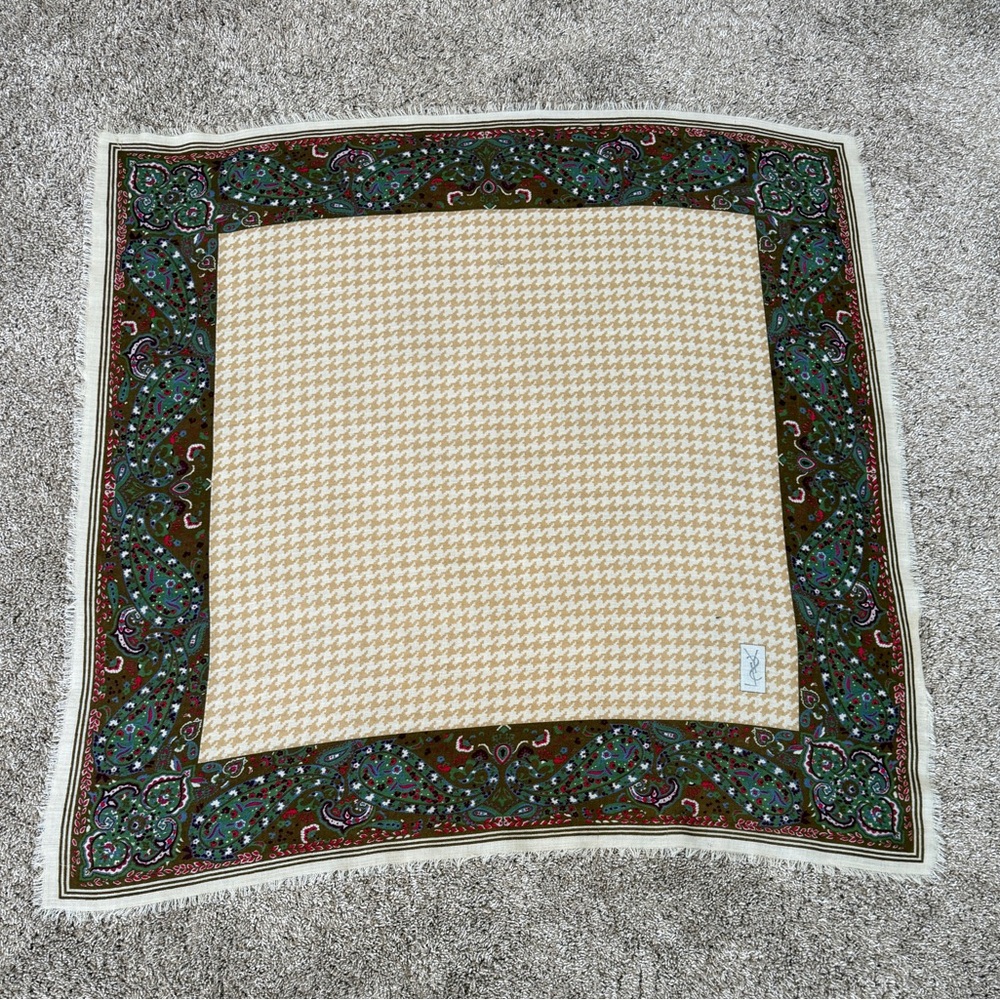 YSL Vintage Houndstooth Paisley Square Scarf Tan Cream Brown Green Red FLAWS - Picture 5 of 12